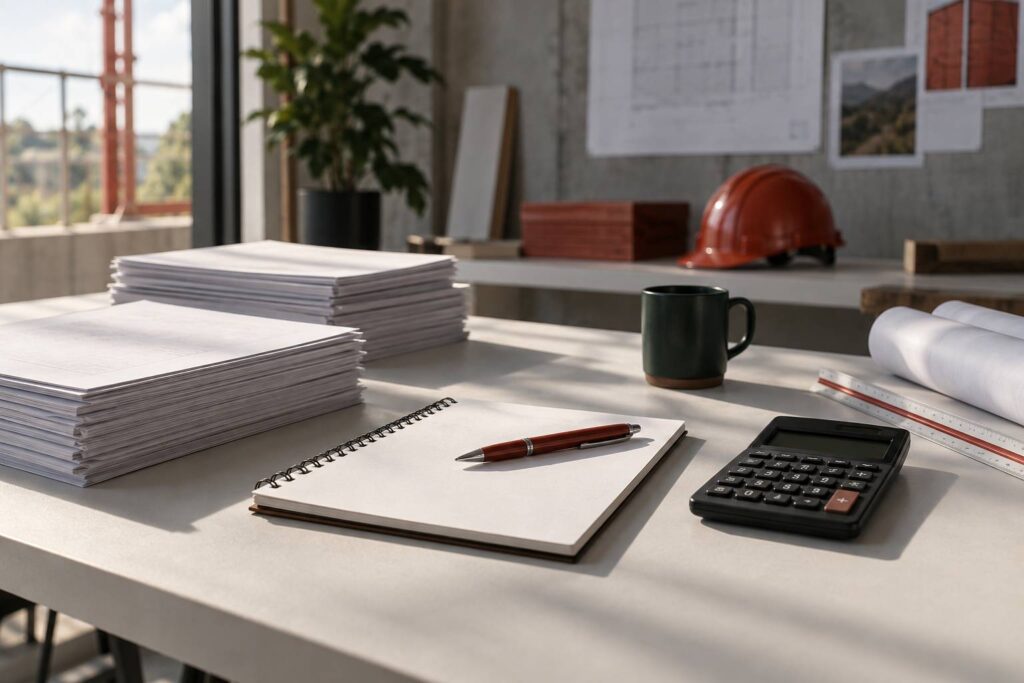 Devis empiles face cachee et bloc-notes vierge sur un bureau de chantier sobre