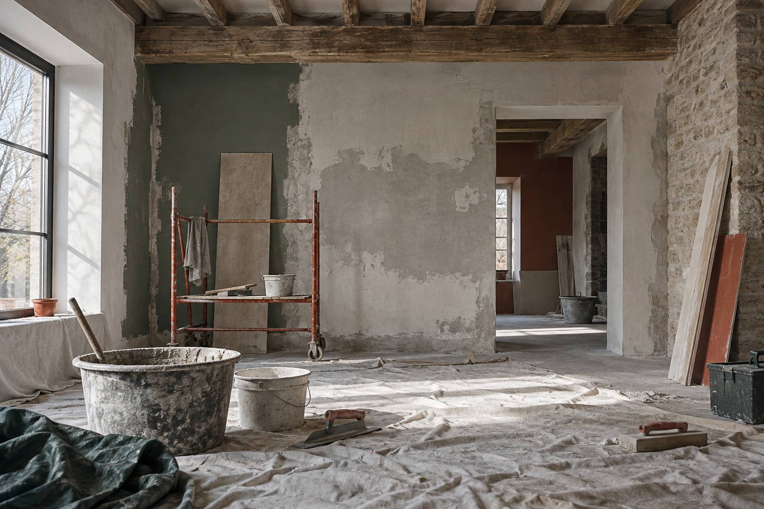 Maison en rénovation avec échafaudage et bâches de protection sur la façade