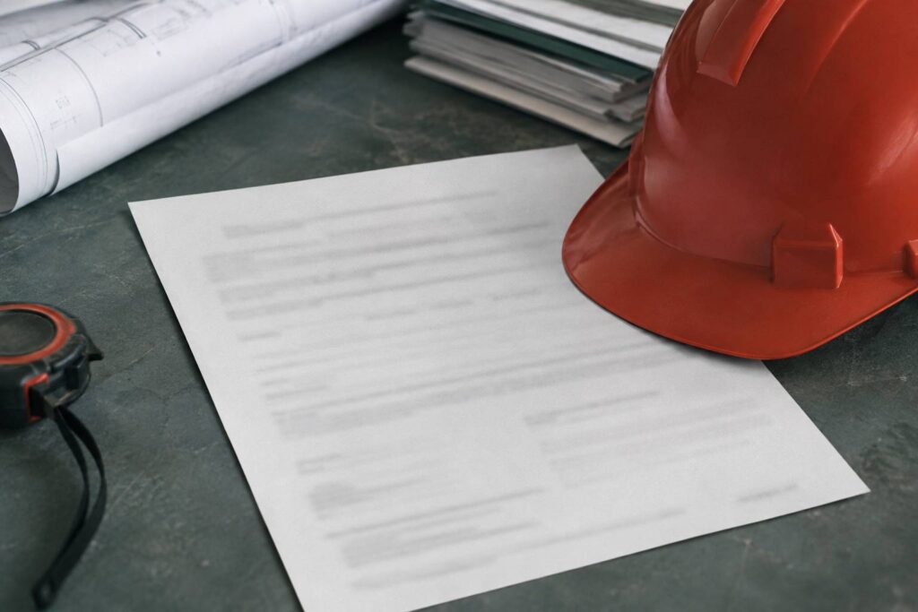 Attestation d'assurance décennale floutée avec casque de chantier et plan roulé