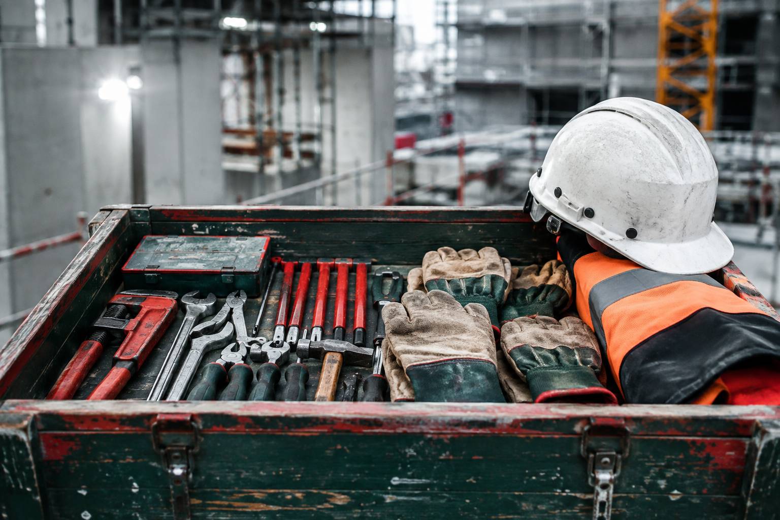 Caisse d'outils avec EPI prêts pour un renfort ponctuel sur chantier
