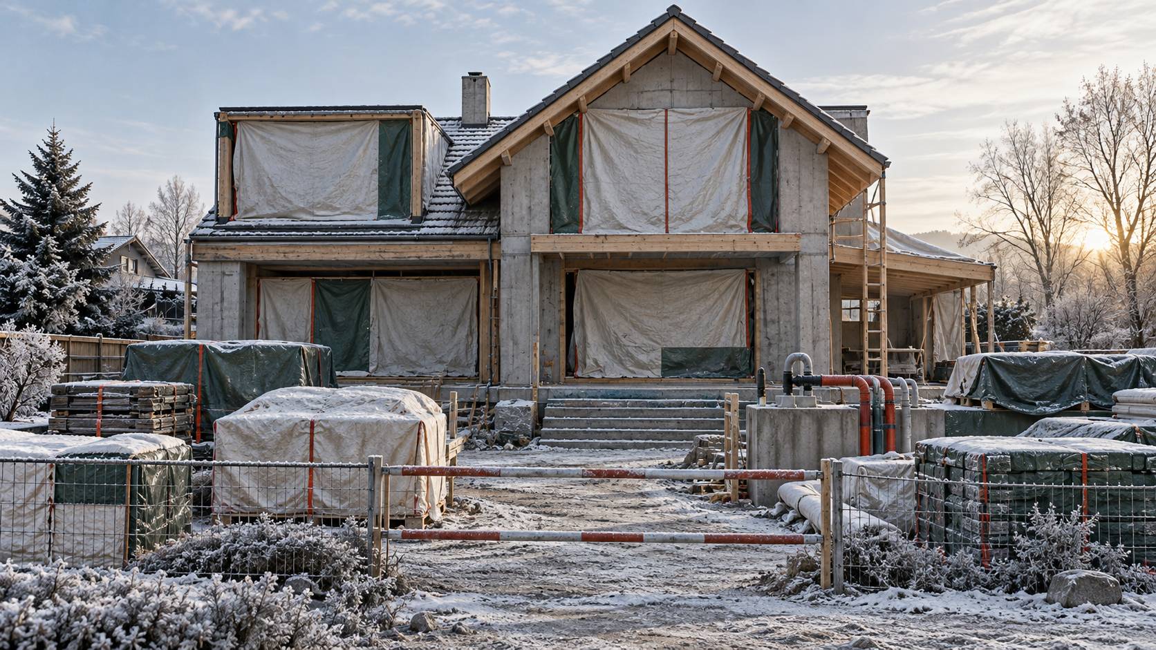 Illustration éditoriale du sujet : Chantier à l'arrêt l'hiver : ce qu'il faut protéger en priorité