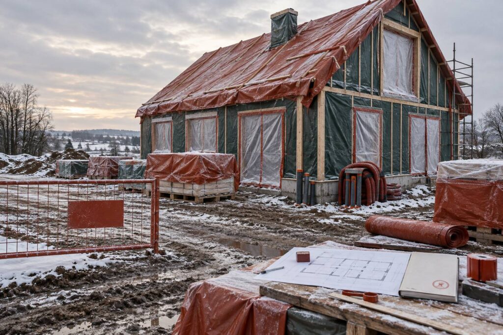 Illustration éditoriale du sujet : Chantier à l'arrêt l'hiver : ce qu'il faut protéger en priorité