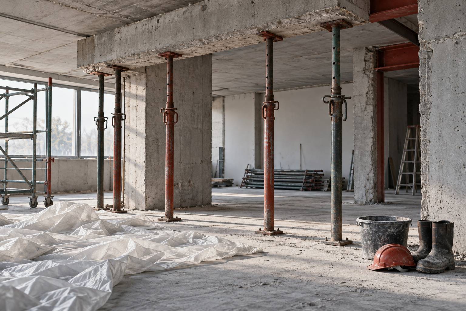 Interieur de chantier avec etais metalliques et bache