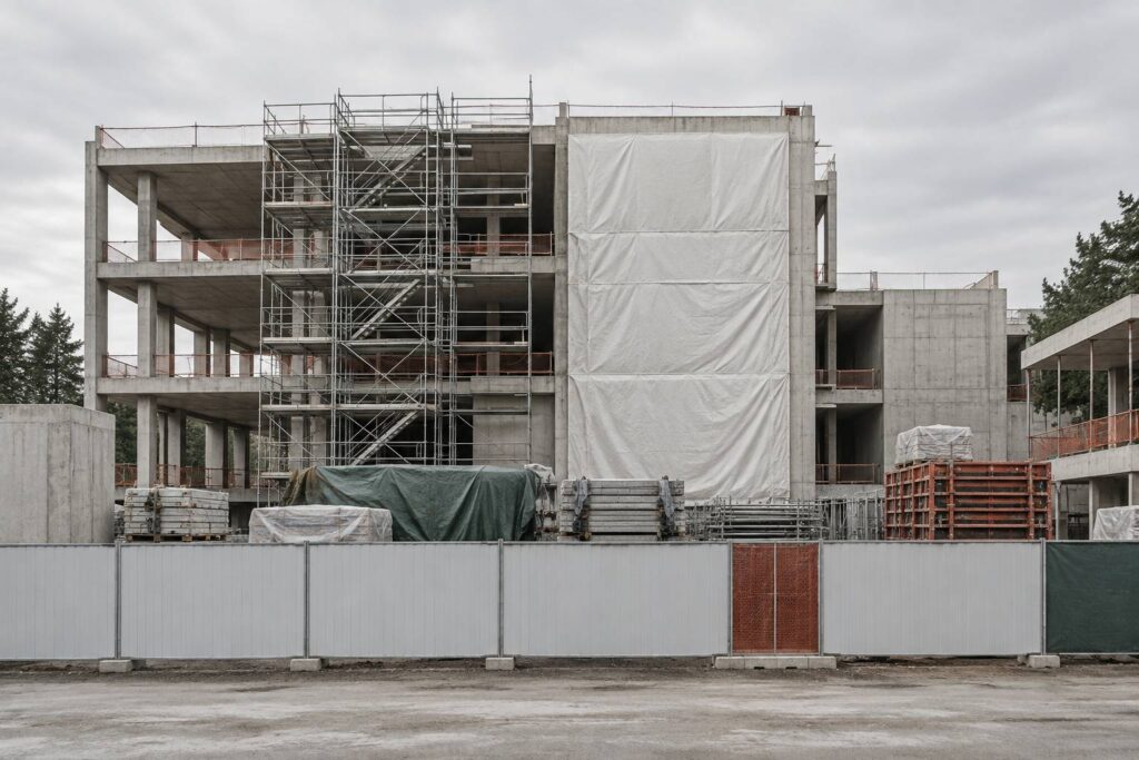 Chantier inacheve avec echafaudage et bache tendue