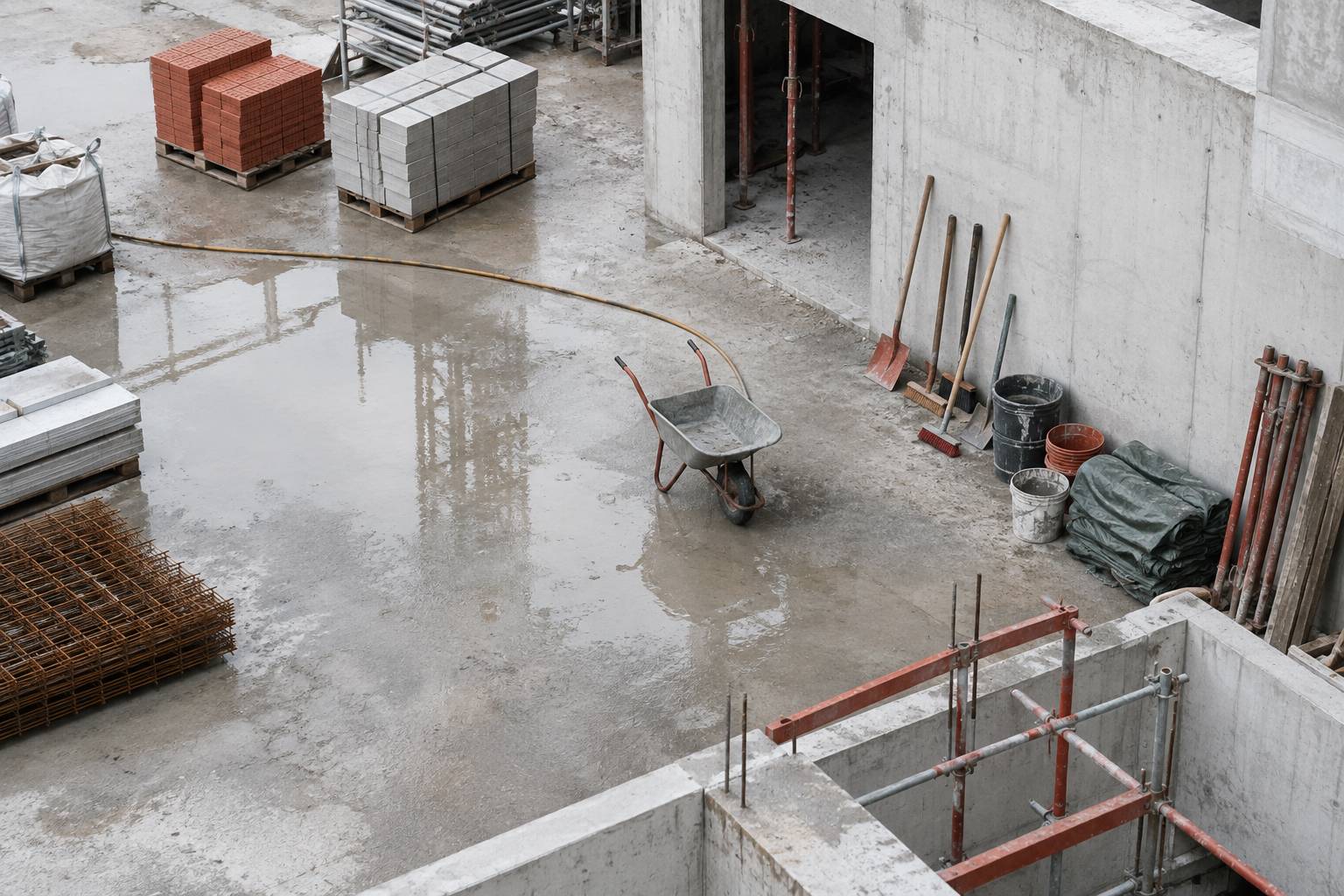 Palettes de materiaux et outillage ranges sur un chantier en pause