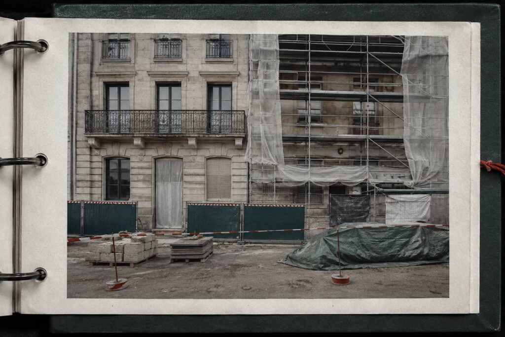 Immeuble collectif avec échafaudage partiel et zone de chantier balisée à l'arrêt