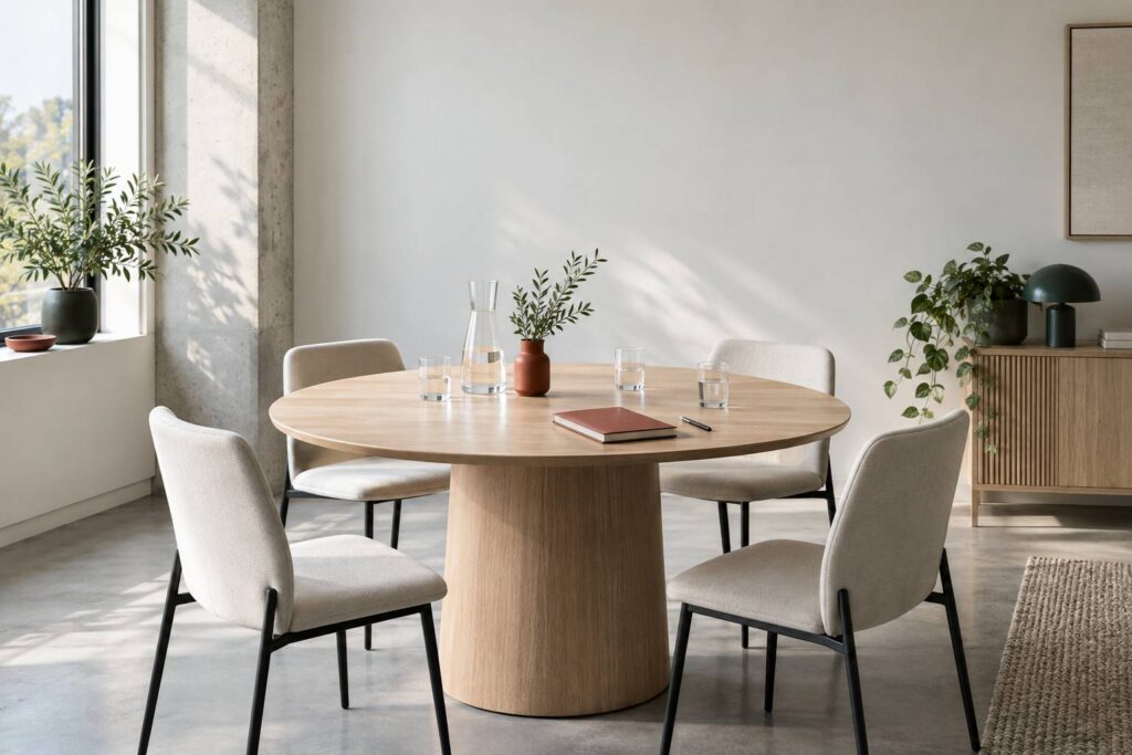 Salle de reunion neutre avec table ronde en bois et chaises sobres
