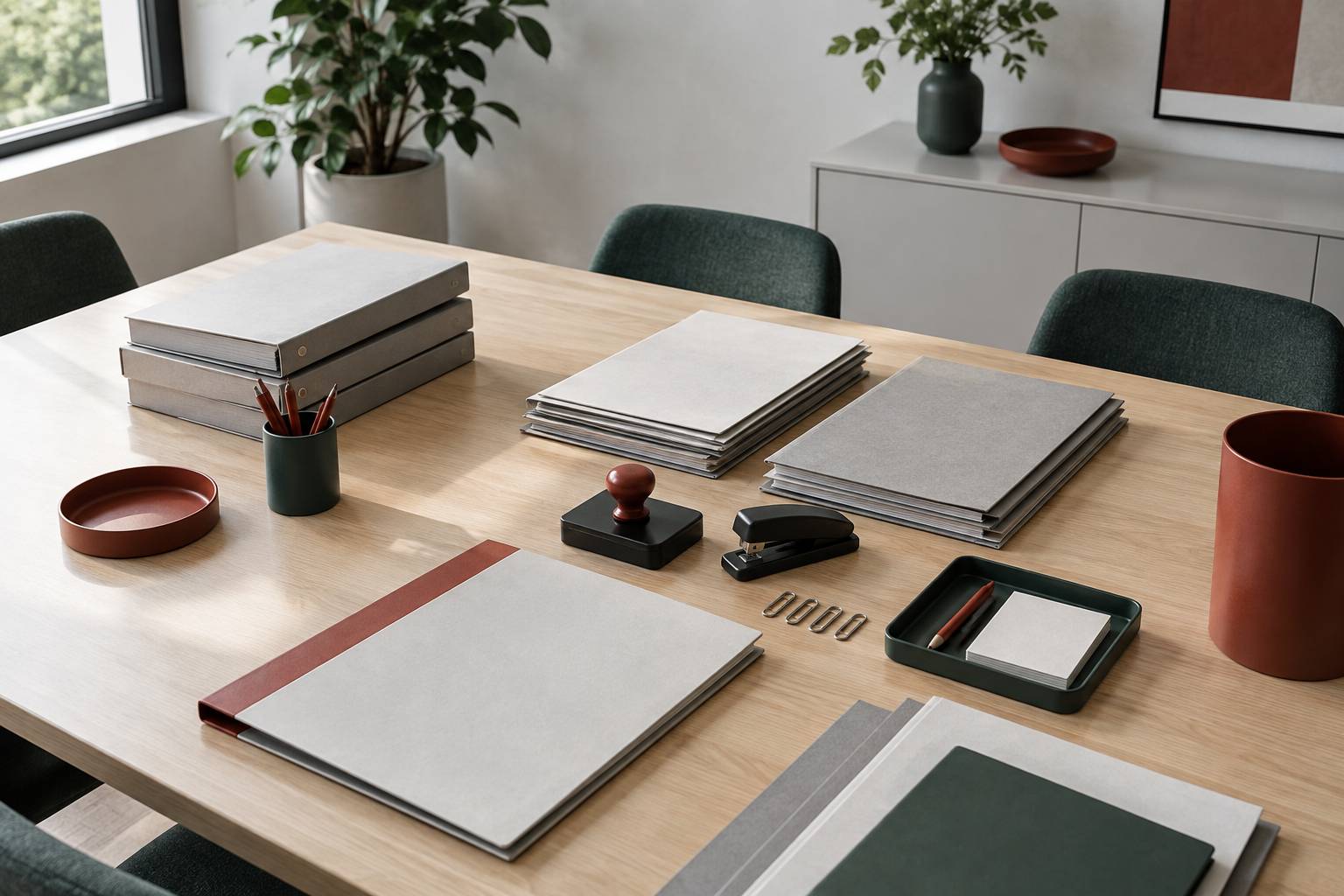 Chemises cartonnees et fournitures alignees sur un bureau administratif range