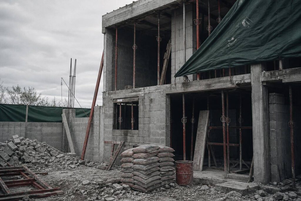 Structure de chantier inachevée avec étais et matériaux à l'arrêt