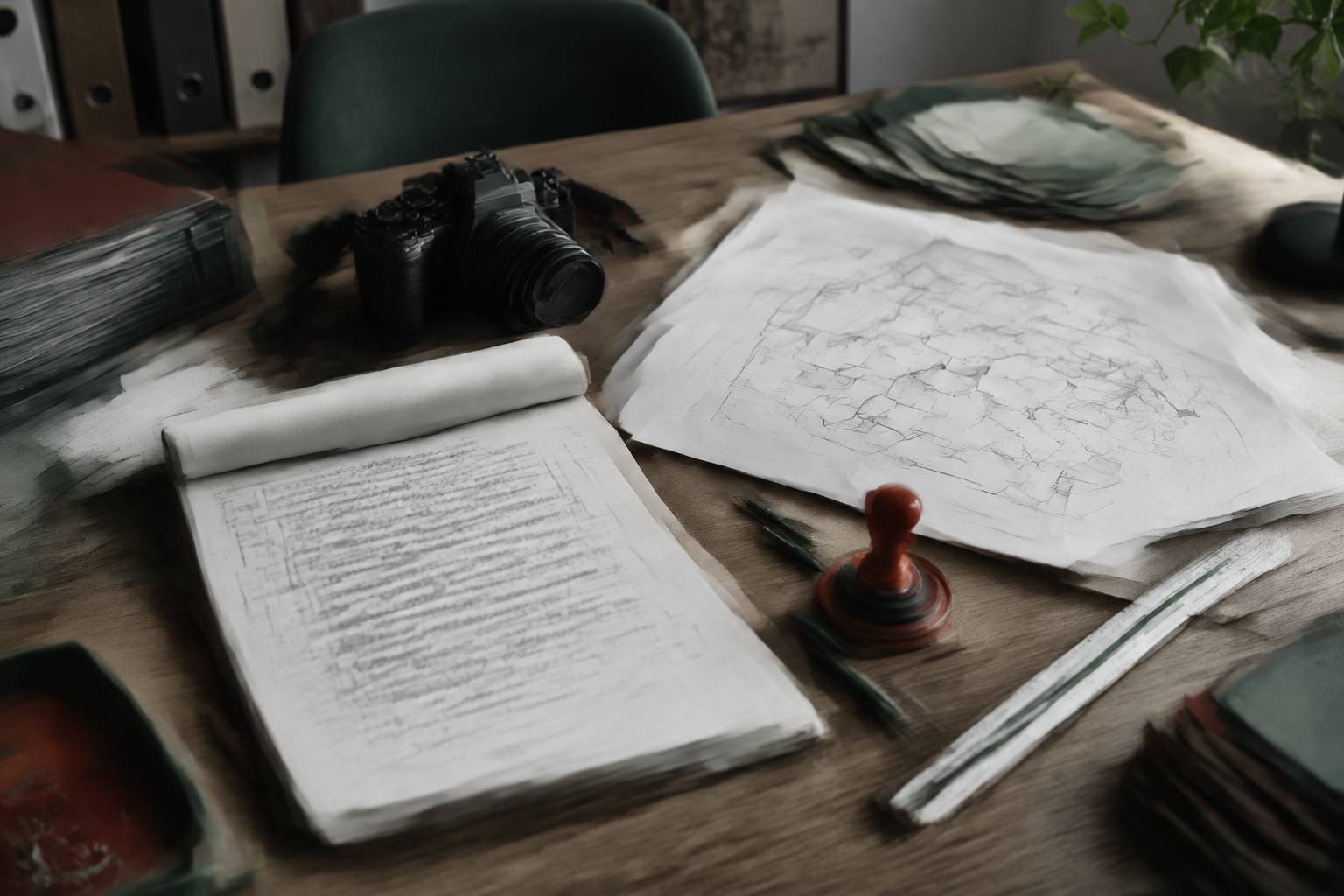 Bloc de constat avec appareil photo et cachet rouge sur une table