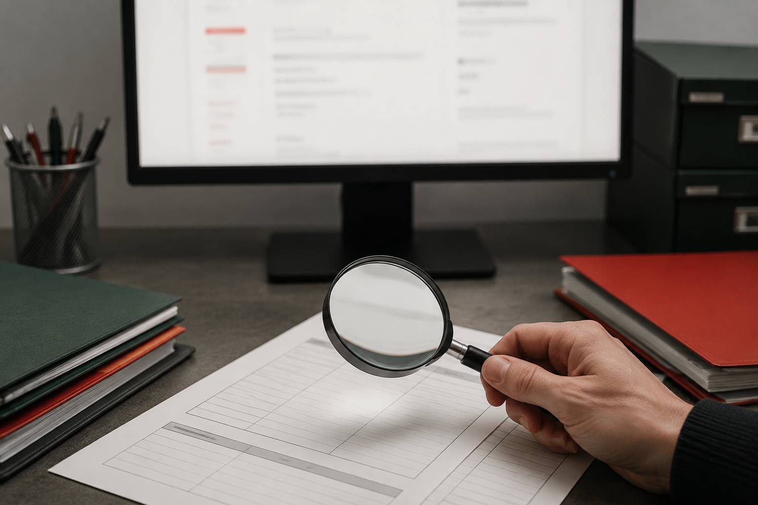 Écran de registre légal flouté avec loupe sur un document vierge