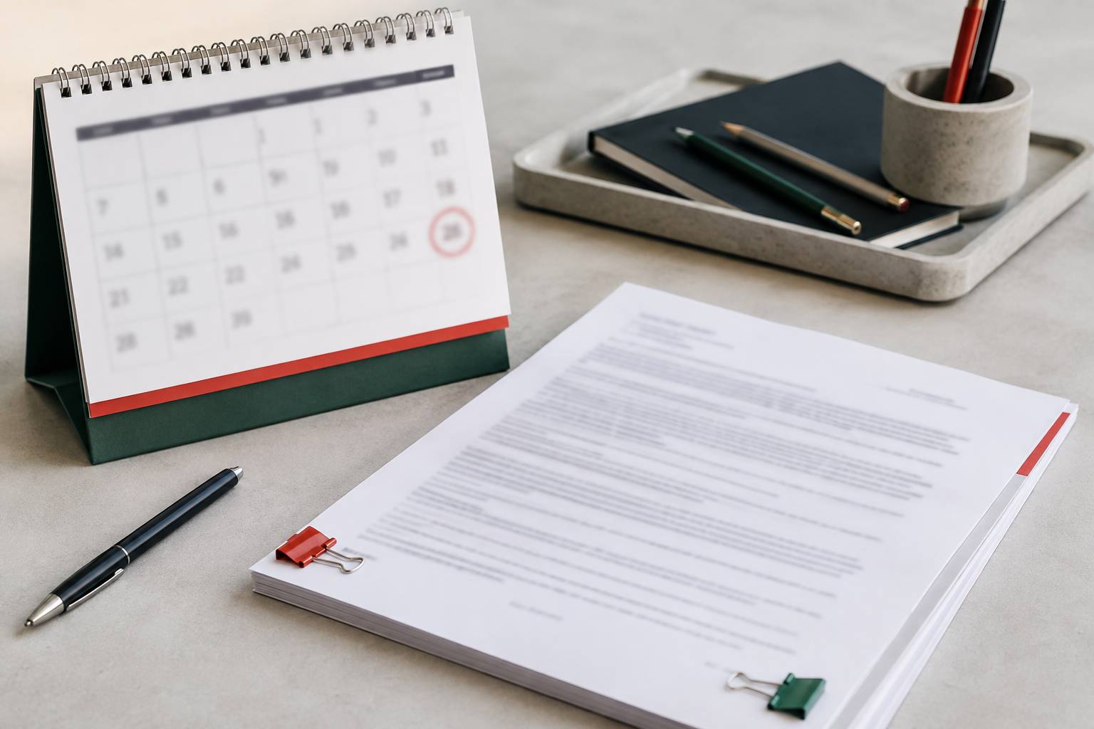 Calendrier à compte à rebours flou posé près d'un contrat de travaux