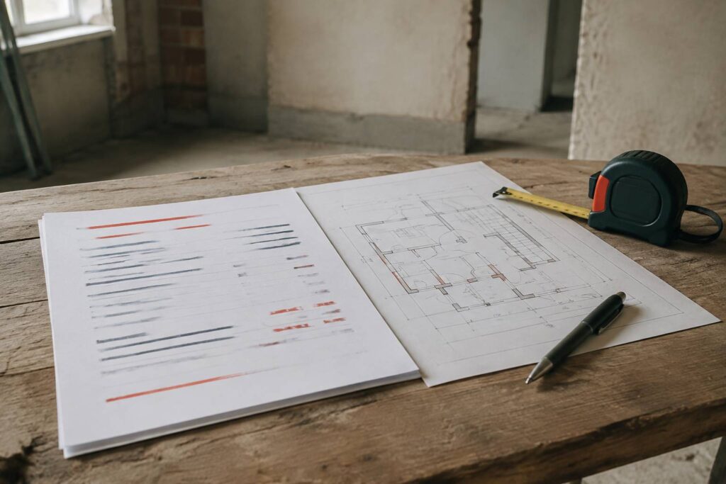 Devis signé flou posé sur une table de chantier avec un plan au trait