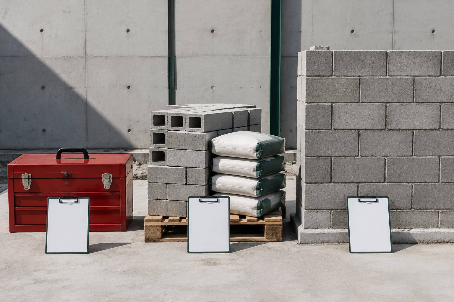 Caisse d'outils, palette de parpaings et mur monté pour distinguer les catégories de biens