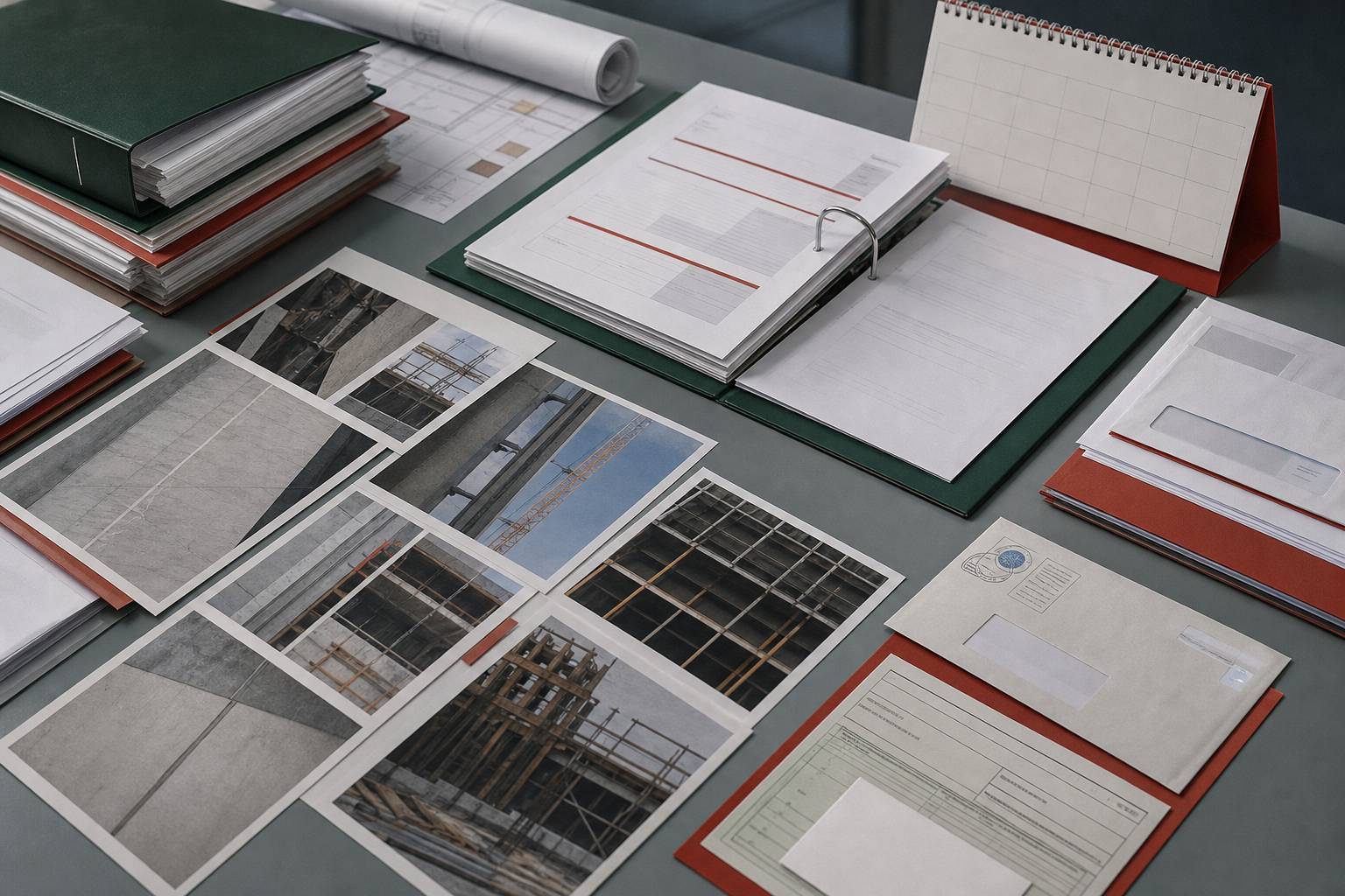 Contrat, factures, photos et lettre recommandée étalés pour analyser un chantier arrêté