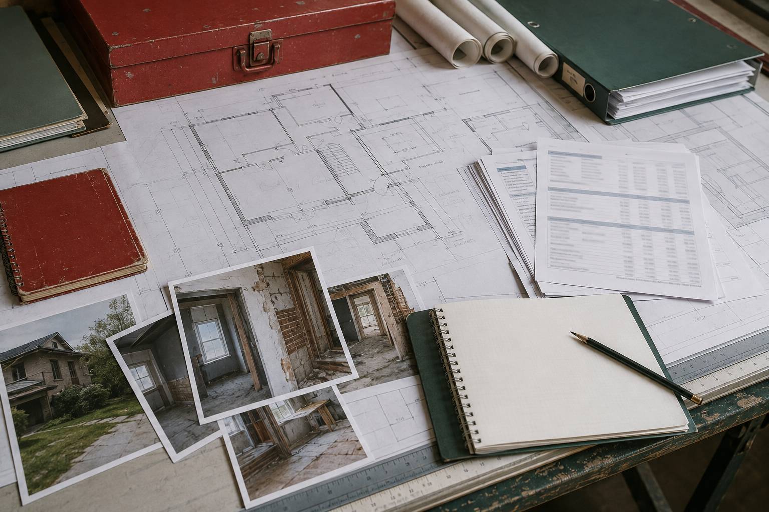 Plans, devis floutés et photos d'état des lieux étalés sur une table à dessin