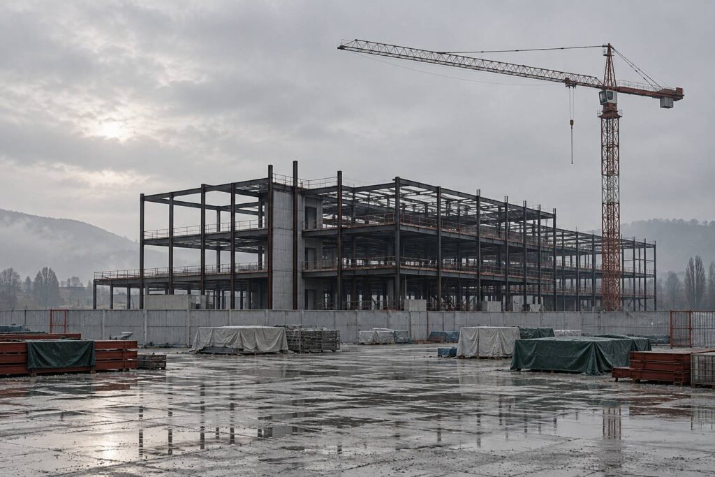 Chantier de bâtiment à l'arrêt avec ossature métallique et grue immobile