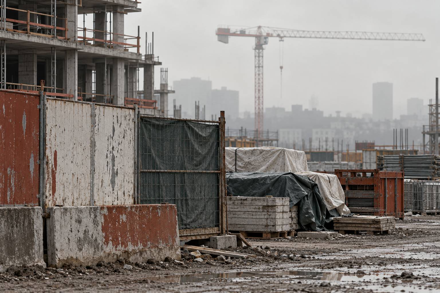 Palissade de chantier et matériaux bâchés sur un site de construction en pause
