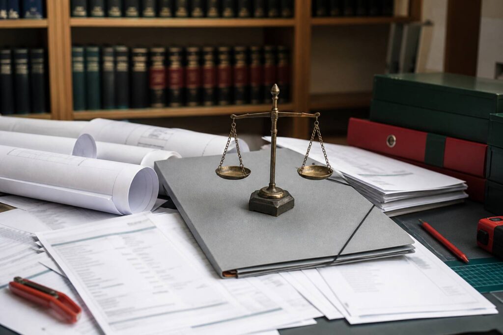 Dossier de litige de chantier avec plans roulés et balance de justice en laiton