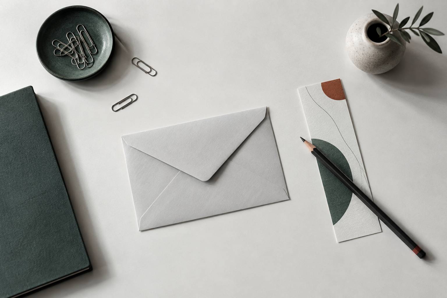 Enveloppe fermee et trombones sur un sous-main papier