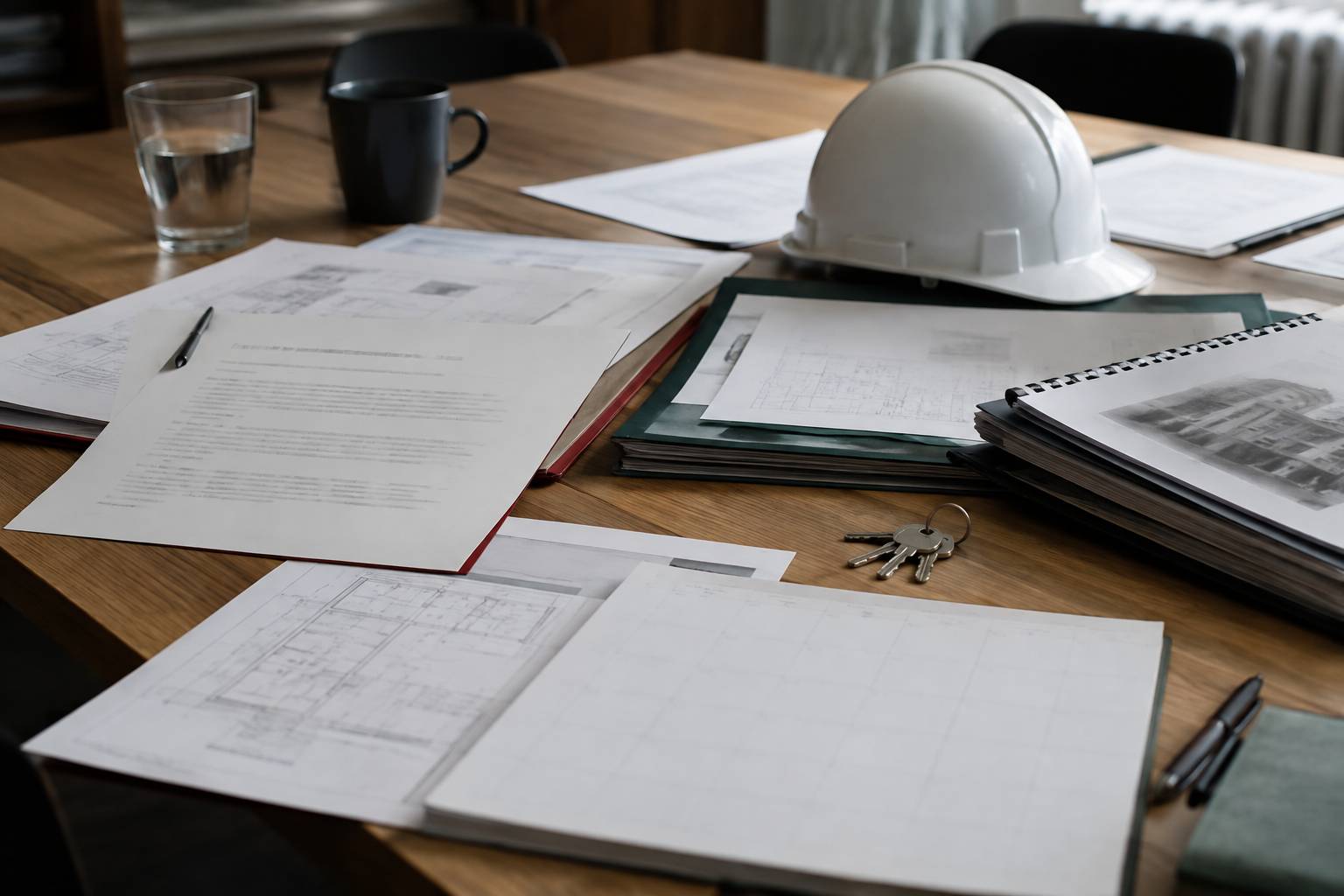 Convocation d'assemblée floutée avec dossier technique et casque sur une table de réunion