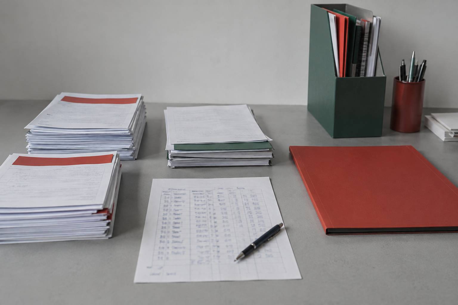Factures triées en piles avec feuille de calcul floutée et chemise cartonnée