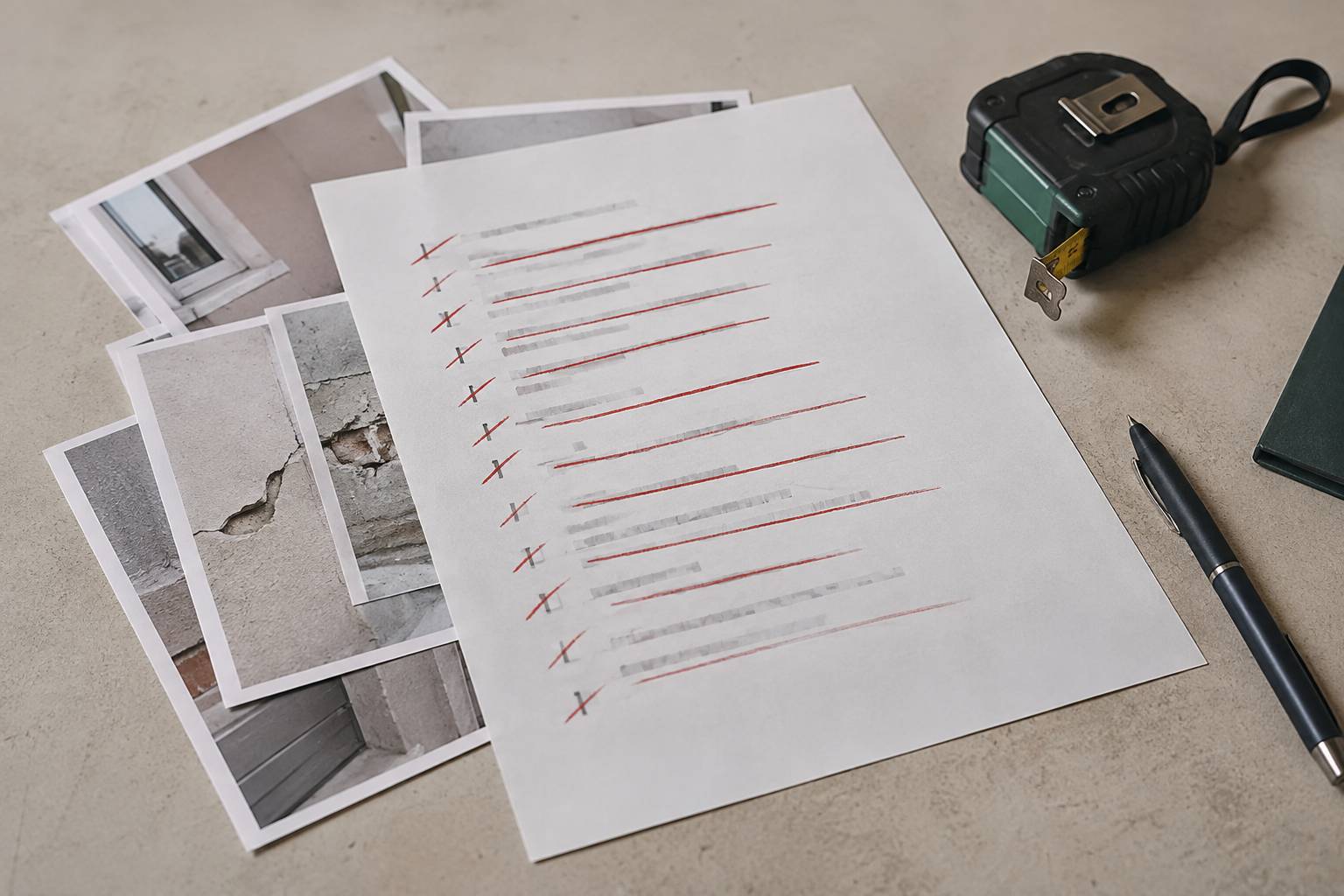 Liste de réserves barrée au crayon rouge avec photos de défauts et mètre ruban