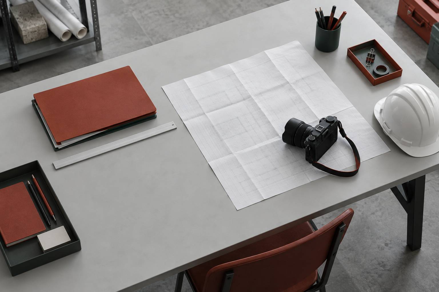 Bureau de suivi de chantier avec dossier ferme et casque