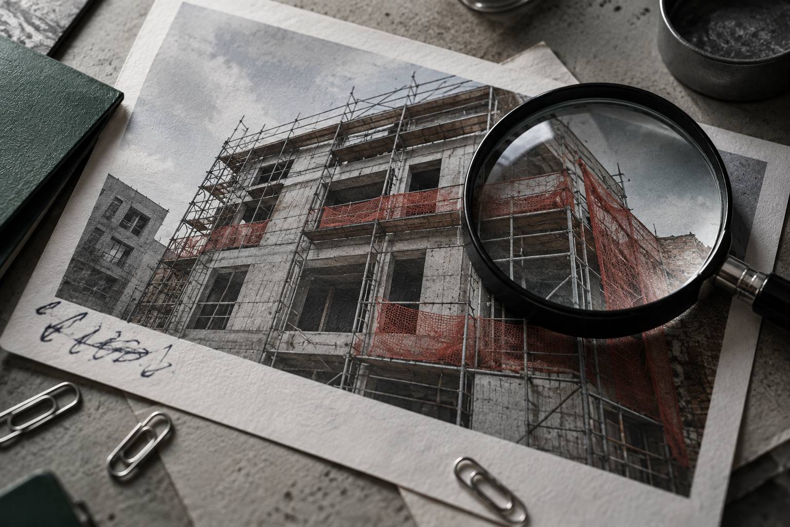 Tirage photo de chantier annoté avec une loupe posée dessus