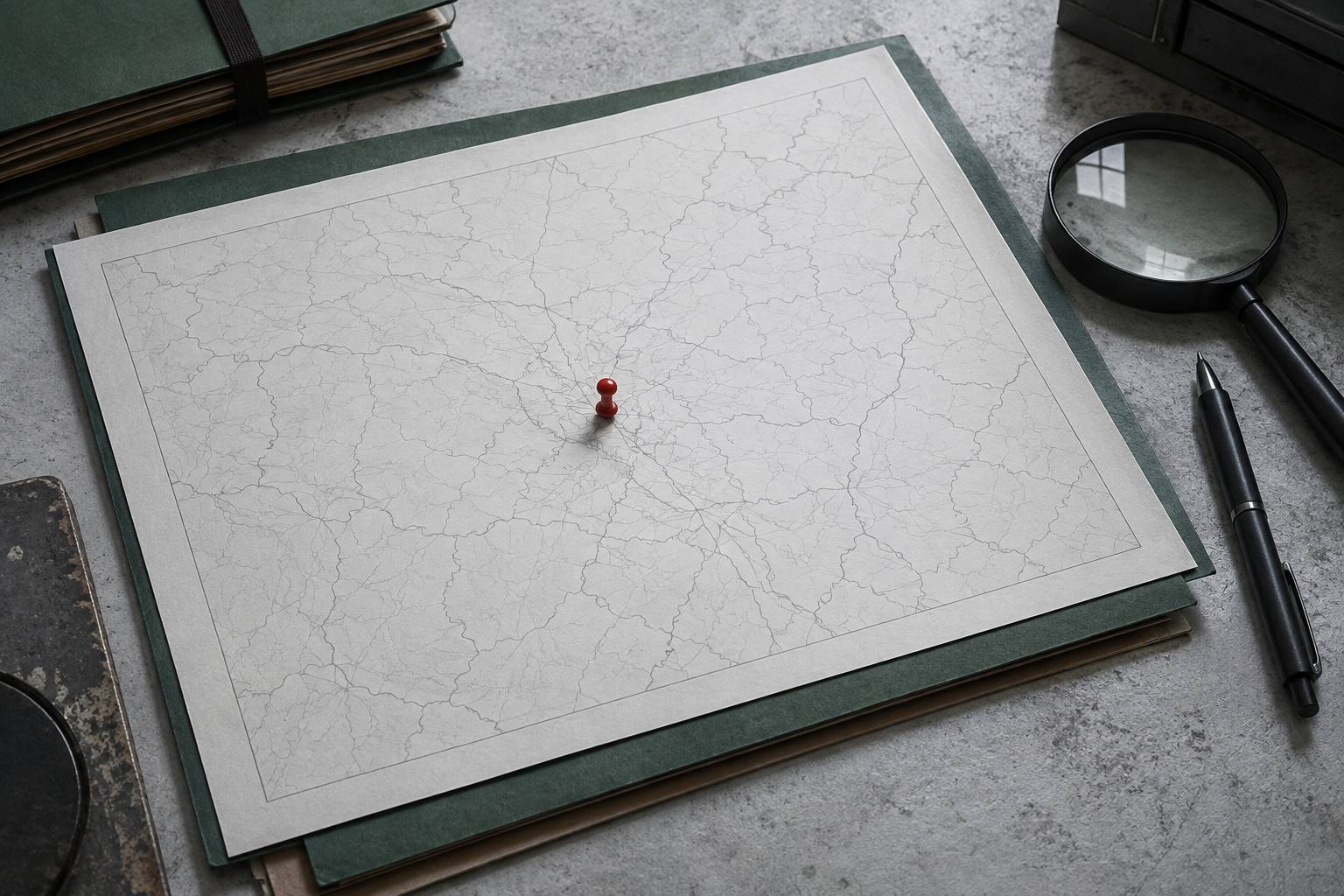 Carte muette avec punaise rouge marquant une adresse de chantier