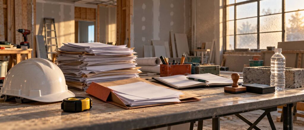 Factures et bordereaux empilés sur une table de bureau de chantier