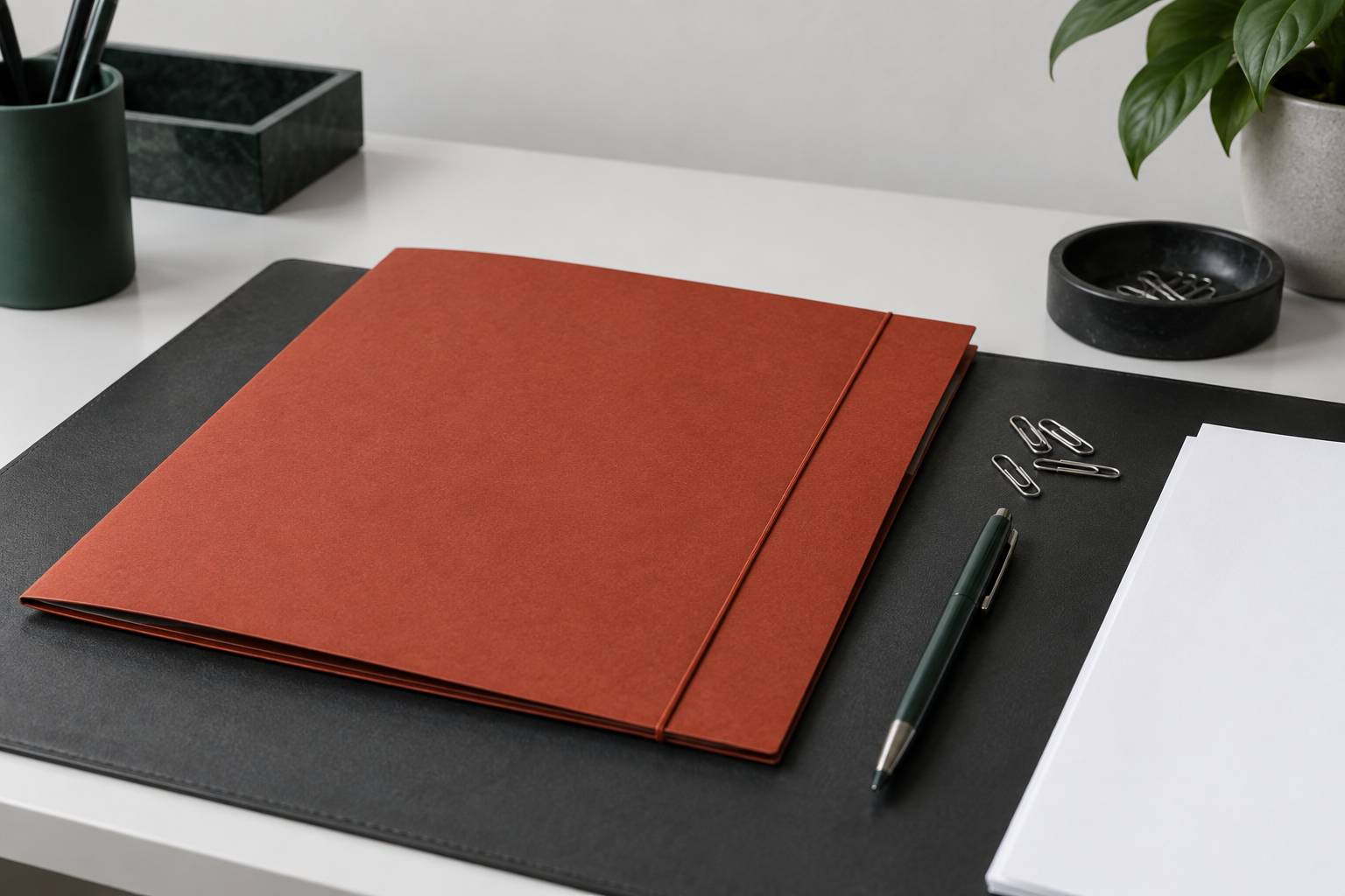 Chemise cartonnee fermee et trombones sur un bureau