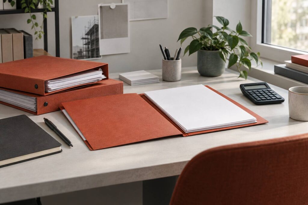 Bureau sobre avec chemises empilées et une calculatrice