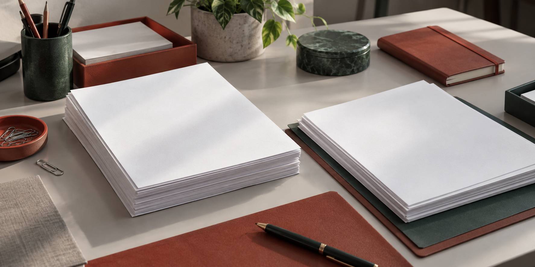 Deux piles de documents vierges et trombones sur un sous-main de bureau