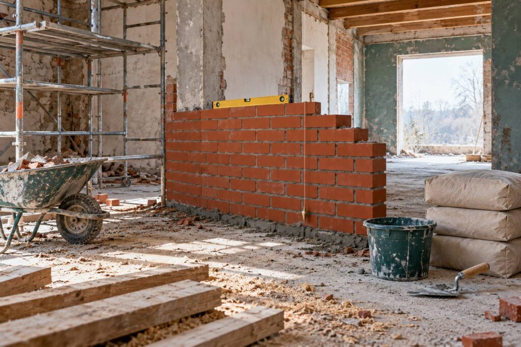 Chantier de renovation avec mur de briques, echafaudage et sacs de ciment