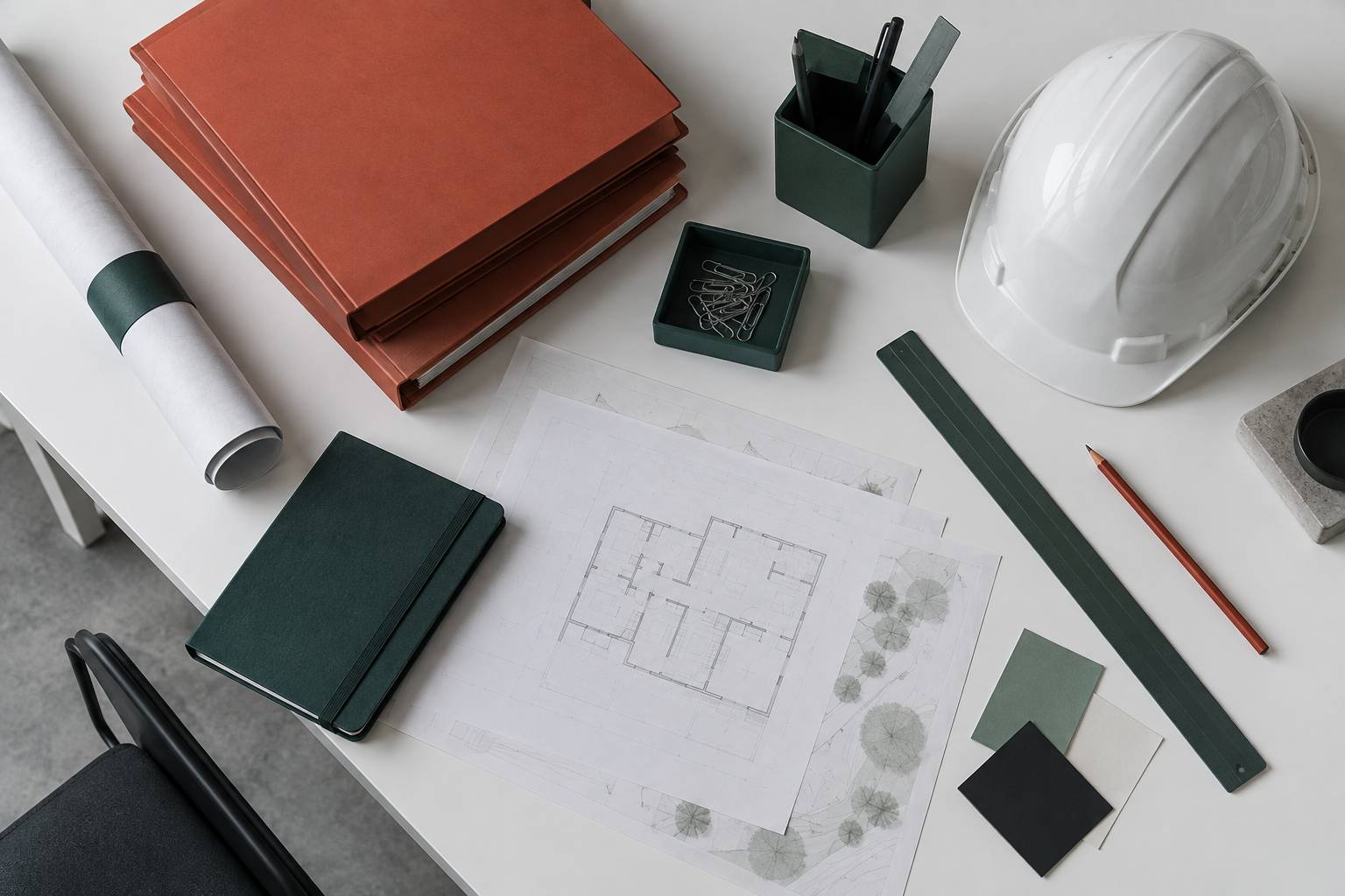 Bureau de suivi de chantier avec chemises fermées et casque blanc