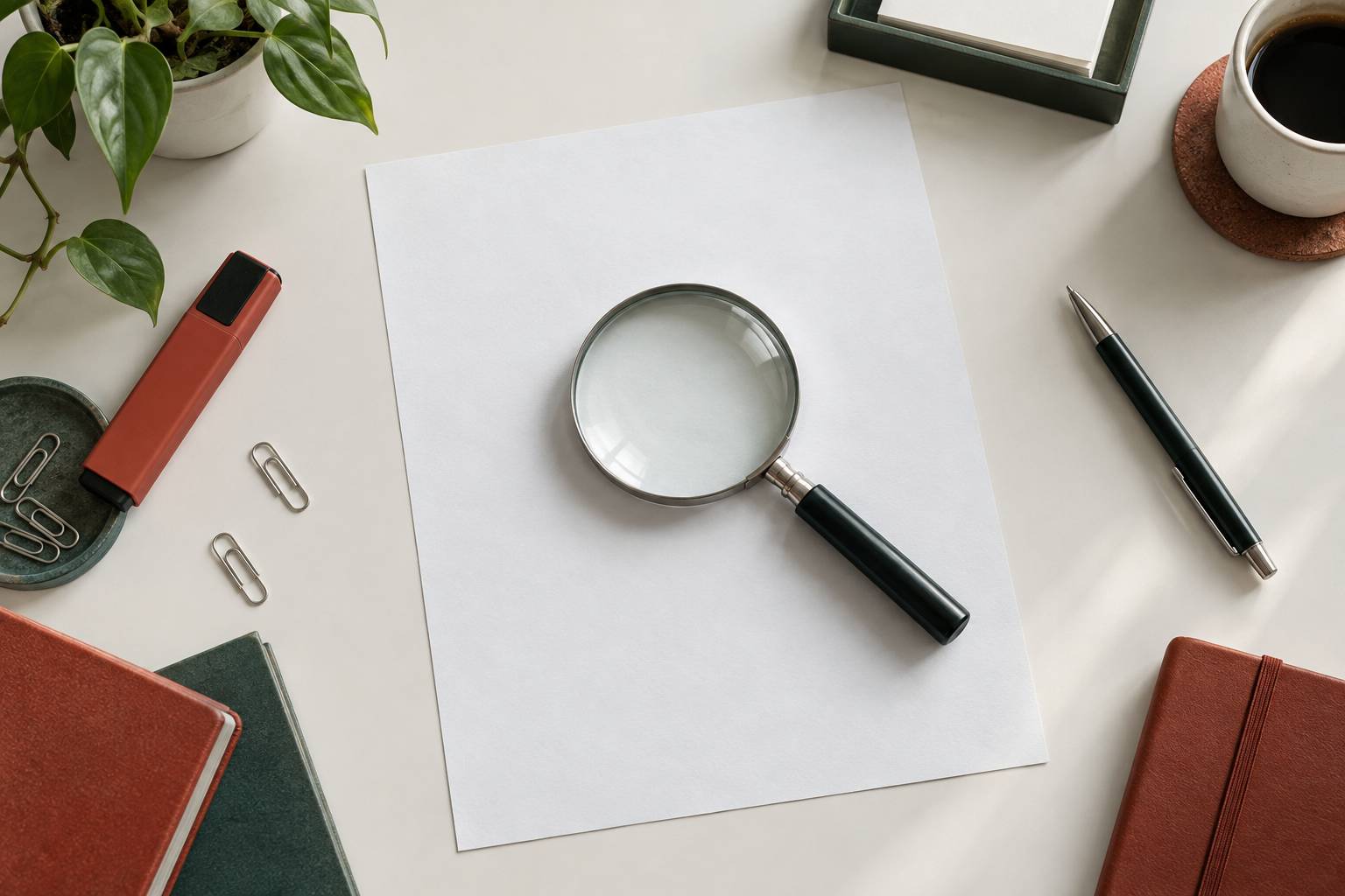 Loupe sur un document vierge et trombones sur un bureau