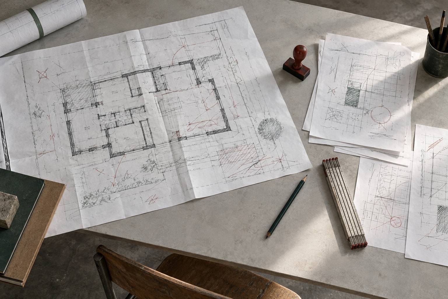 Plan de batiment et documents de sous-traitance sur un bureau de chantier