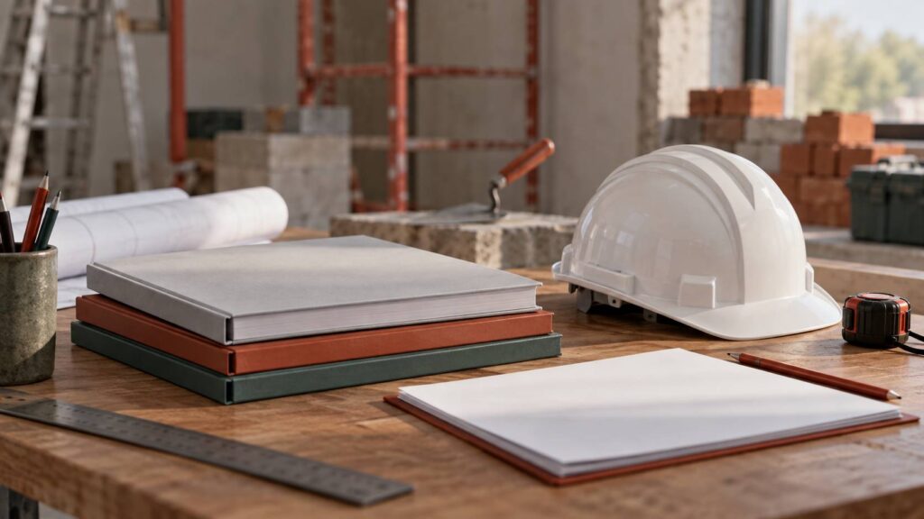 Casque de chantier et documents sur un bureau de chantier