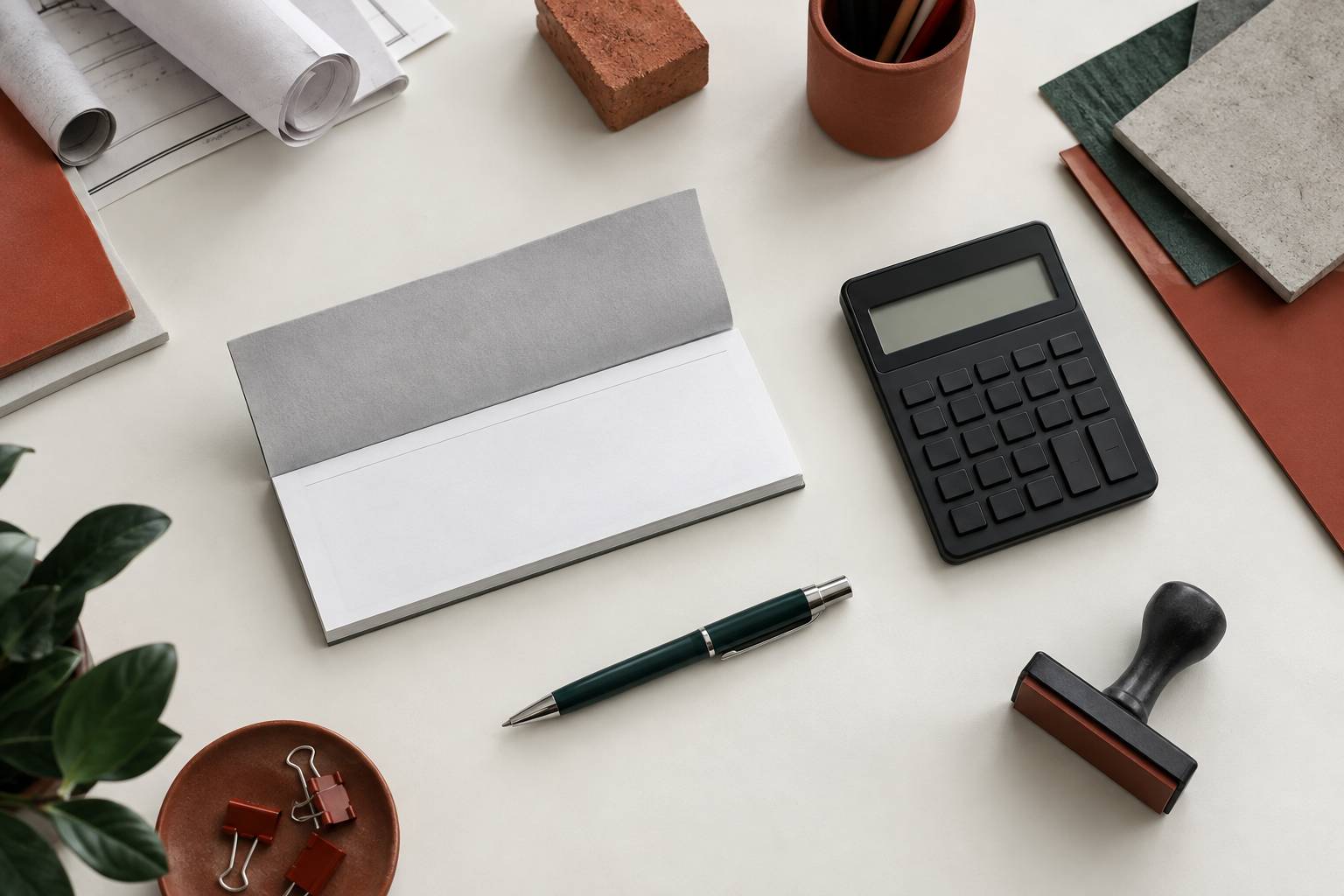 Calculatrice sans affichage et tampon neutre sur un bureau