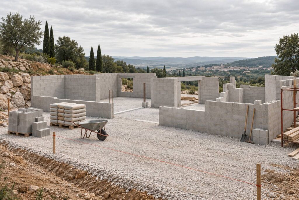 Chantier de batiment propre avec murs en parpaing et sacs de ciment